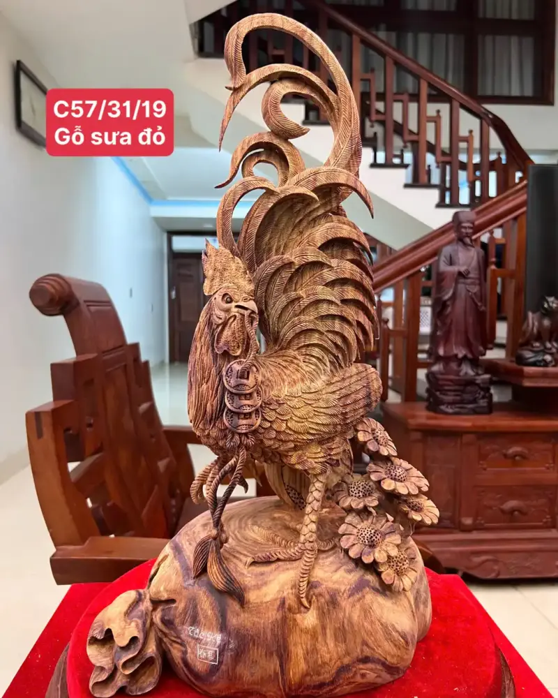nhat-ke-ung-G5773-1 Tượng Nhất Kê Đứng Bao Tiền Go Sưa Đỏ Vân Tím Lịm Hàng Nghệ Nhân Có Sơn G5773