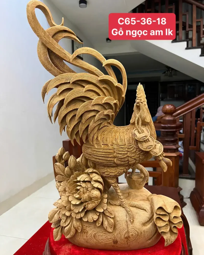 nhat-ke-ung-G6117-1 Tượng Nhất Kê Đứng Bao Tiền Gỗ Ngọc Am Liền Khối Đục Kỹ Đẹp G6117