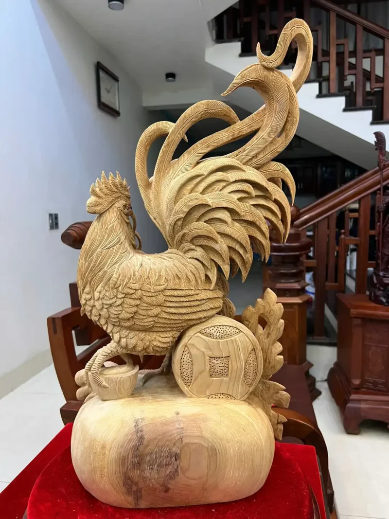 nhat-ke-ung-G6117-4 Tượng Nhất Kê Đứng Bao Tiền Gỗ Ngọc Am Liền Khối Đục Kỹ Đẹp G6117