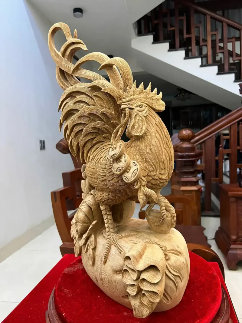 nhat-ke-ung-G6117-5 Tượng Nhất Kê Đứng Bao Tiền Gỗ Ngọc Am Liền Khối Đục Kỹ Đẹp G6117
