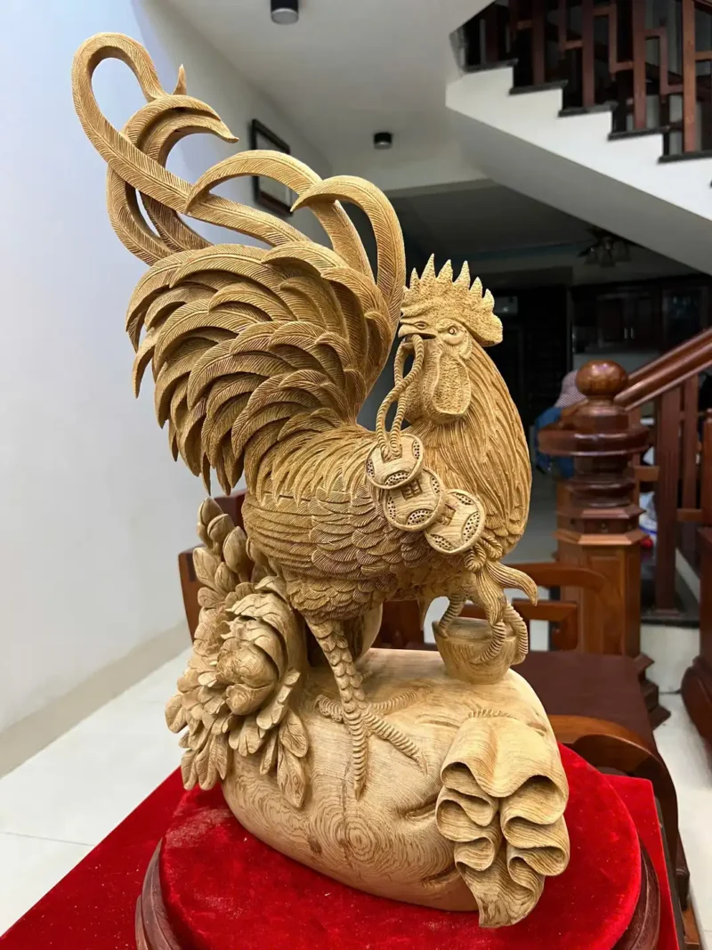 nhat-ke-ung-G6117-6 Tượng Nhất Kê Đứng Bao Tiền Gỗ Ngọc Am Liền Khối Đục Kỹ Đẹp G6117