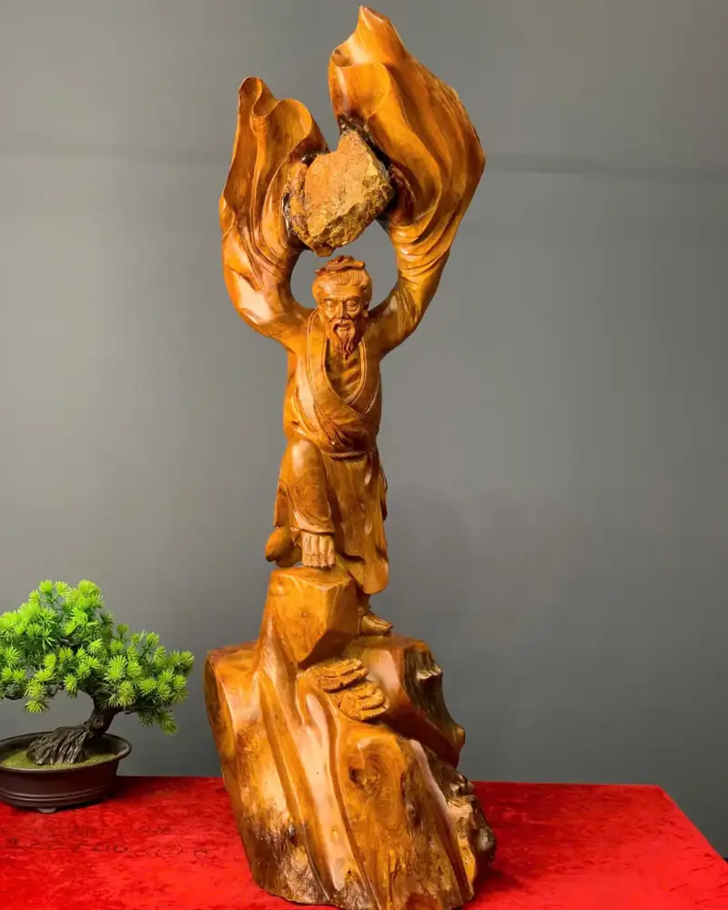 ong-lao-vac-a-go-huong-ta-G5452-1 Tượng Ông Lão Vác Đá Gỗ Hương Ta Liền Khối G5452