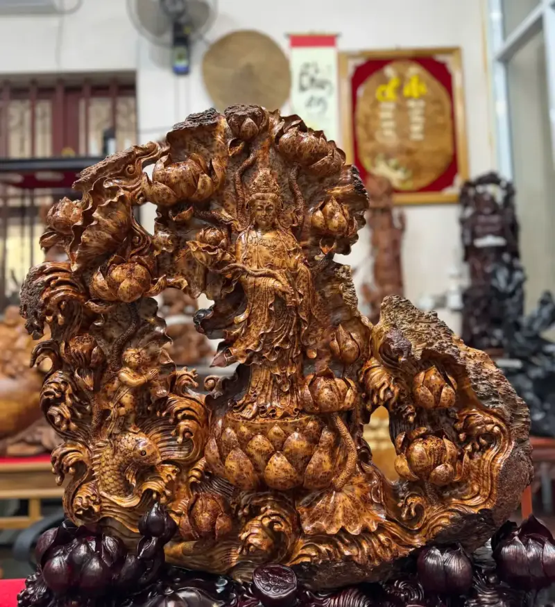 phat-ba-ung-ai-sen-go-nu-ngoc-G5473-5 Tượng Phật Bà Đứng Đài Sen Gỗ Nu Ngọc Am Kín Nu Hàng Đẹp Nghệ Nhân Chế Tác Liền Khối G5473