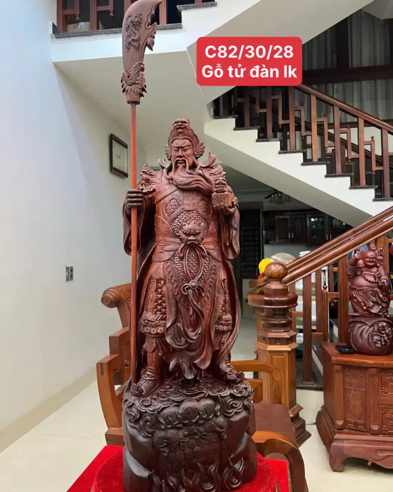 quan-cong-chong-G6413-1 Tượng Quan Công Chống Đao Gỗ Tử Đàn Liền Khối G6413