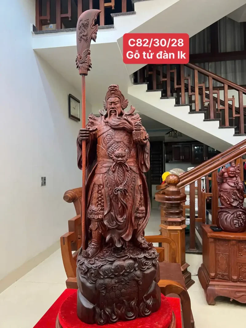 quan-cong-chong-G6413-1 Tượng Quan Công Chống Đao Gỗ Tử Đàn Liền Khối G6413