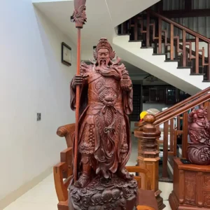 quan-cong-chong-G6413-2 Tượng Quan Công Chống Đao Gỗ Tử Đàn Liền Khối G6413