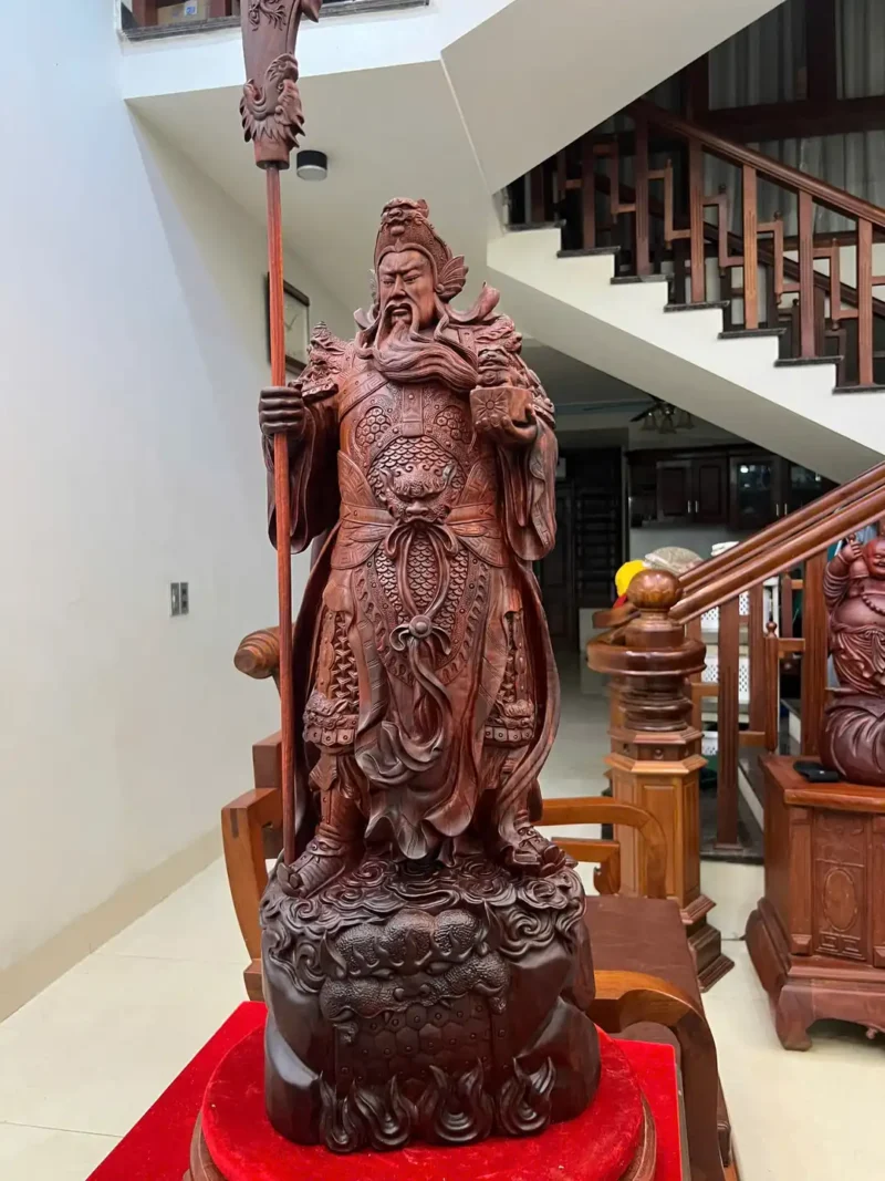 quan-cong-chong-G6413-5 Tượng Quan Công Chống Đao Gỗ Tử Đàn Liền Khối G6413