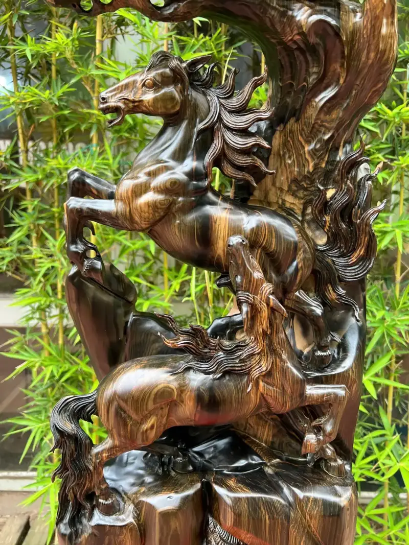 song-ma-uyen-G5614-2 Tượng Song Mã Uyên Ương Gỗ Mun Hoa Hàng To Liền Khối G5614