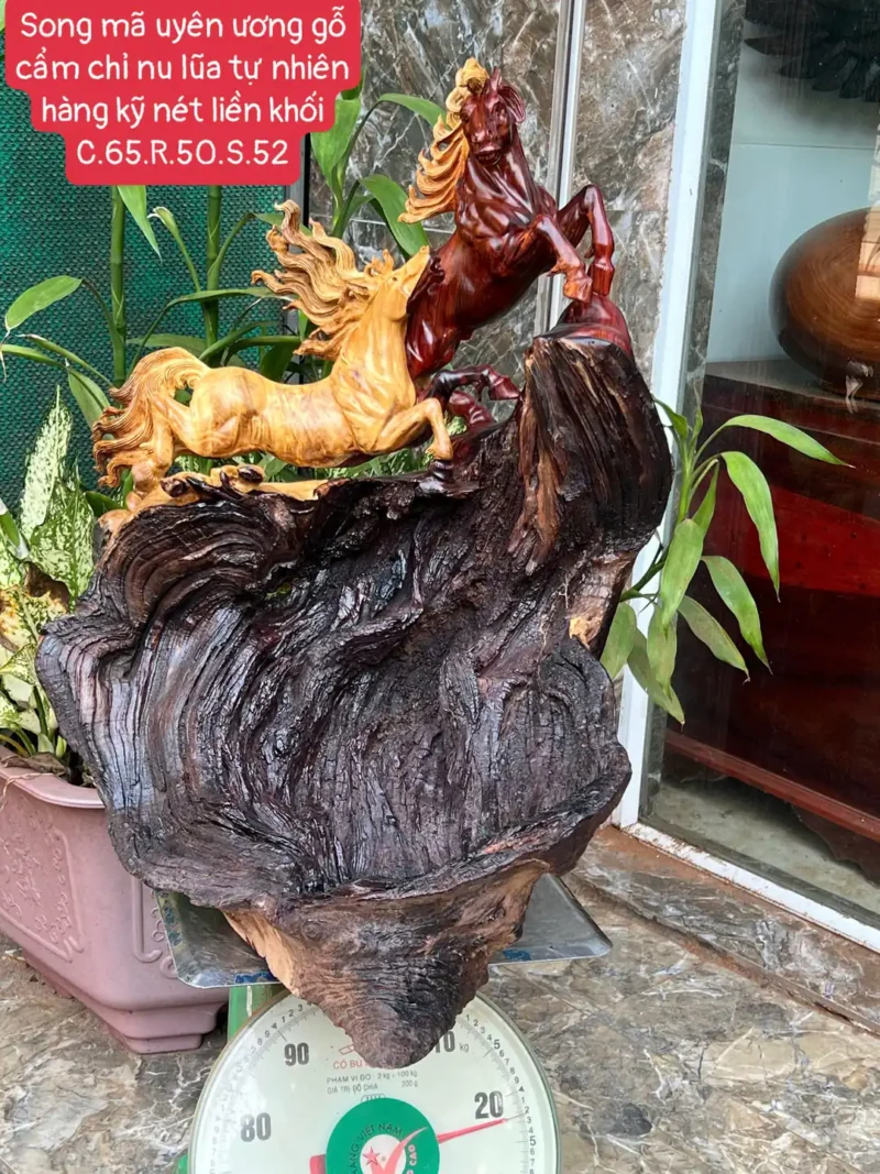 song-ma-uyen-G5839-1 Tượng Song Mã Uyên Ương Gỗ Cẩm Chỉ Nu Lũa Tự Nhiên Hàng Kỹ Nét Liền Khối G5839