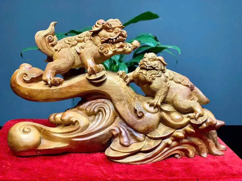 song-nghe-go-huong-ta-G5918-1 Tượng Song Nghê Gỗ Hương Ta Liền Khối G5918