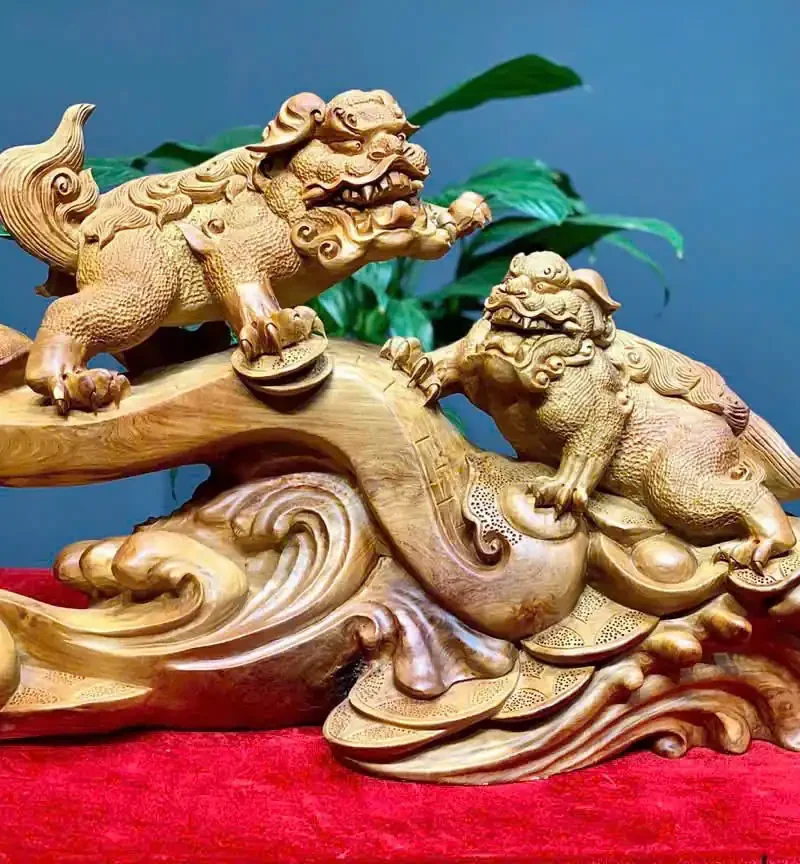 song-nghe-go-huong-ta-G5918-1 Tượng Song Nghê Gỗ Hương Ta Liền Khối G5918