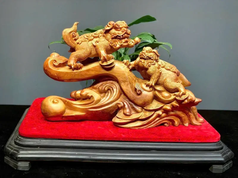 song-nghe-go-huong-ta-G5918-2 Tượng Song Nghê Gỗ Hương Ta Liền Khối G5918