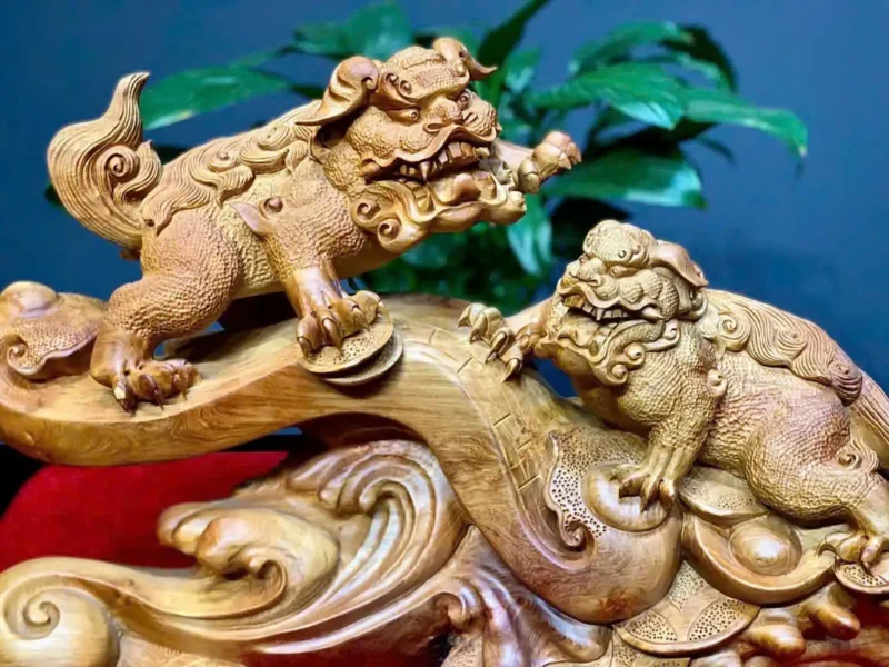 song-nghe-go-huong-ta-G5918-5 Tượng Song Nghê Gỗ Hương Ta Liền Khối G5918