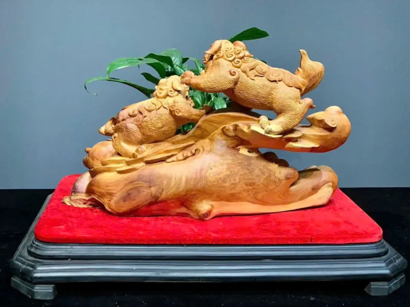 song-nghe-go-huong-ta-G5918-6 Tượng Song Nghê Gỗ Hương Ta Liền Khối G5918