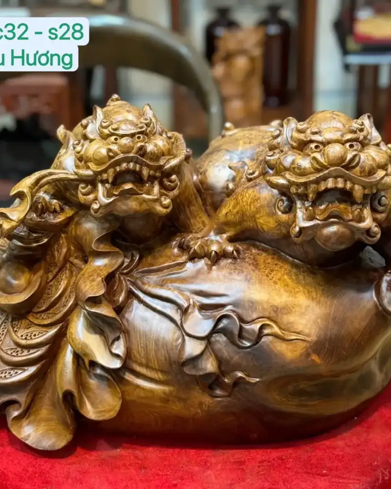 song-nghe-go-nu-huong-G5389-1 Tượng Song Nghê Gỗ Nu Hương Hàng Đẹp Liền Khối G5389
