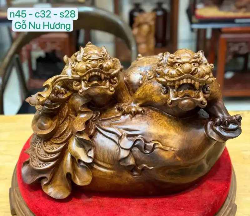 song-nghe-go-nu-huong-G5389-1 Tượng Song Nghê Gỗ Nu Hương Hàng Đẹp Liền Khối G5389