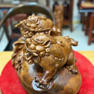 song-nghe-go-nu-huong-G5389-2 Tượng Song Nghê Gỗ Nu Hương Hàng Đẹp Liền Khối G5389