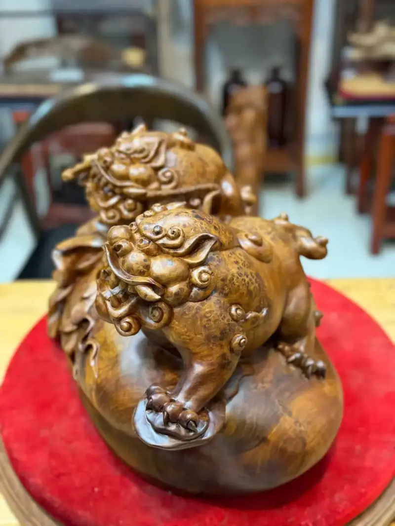 song-nghe-go-nu-huong-G5389-2 Tượng Song Nghê Gỗ Nu Hương Hàng Đẹp Liền Khối G5389