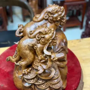 song-nghe-go-nu-huong-G5389-4 Tượng Song Nghê Gỗ Nu Hương Hàng Đẹp Liền Khối G5389