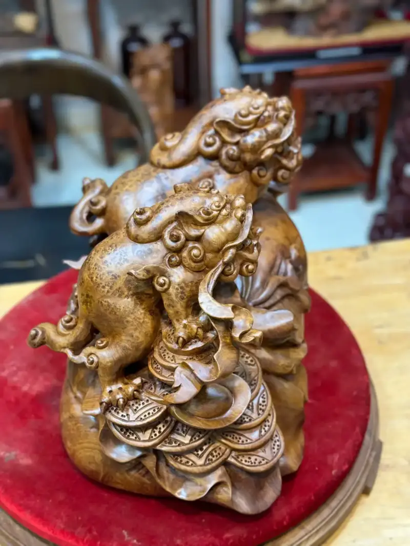 song-nghe-go-nu-huong-G5389-4 Tượng Song Nghê Gỗ Nu Hương Hàng Đẹp Liền Khối G5389