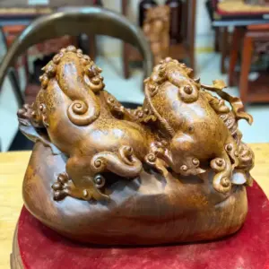 song-nghe-go-nu-huong-G5389-5 Tượng Song Nghê Gỗ Nu Hương Hàng Đẹp Liền Khối G5389