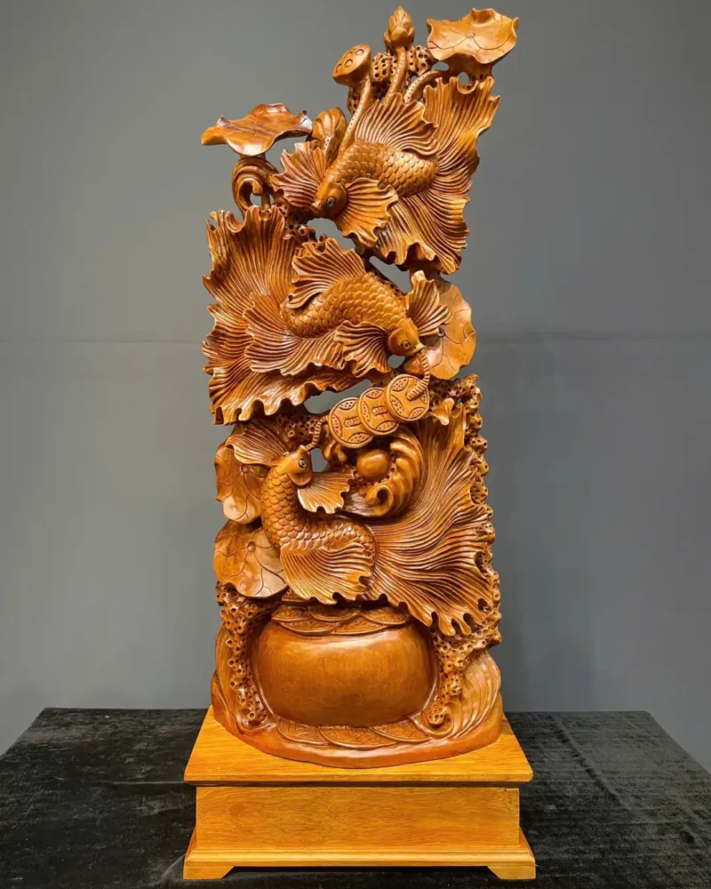 tam-ngu-quan-hoi-go-ngoc-am-G5841-1 Tượng Tam Ngư Quần Hội Gỗ Ngọc Am Liền Khối G5841
