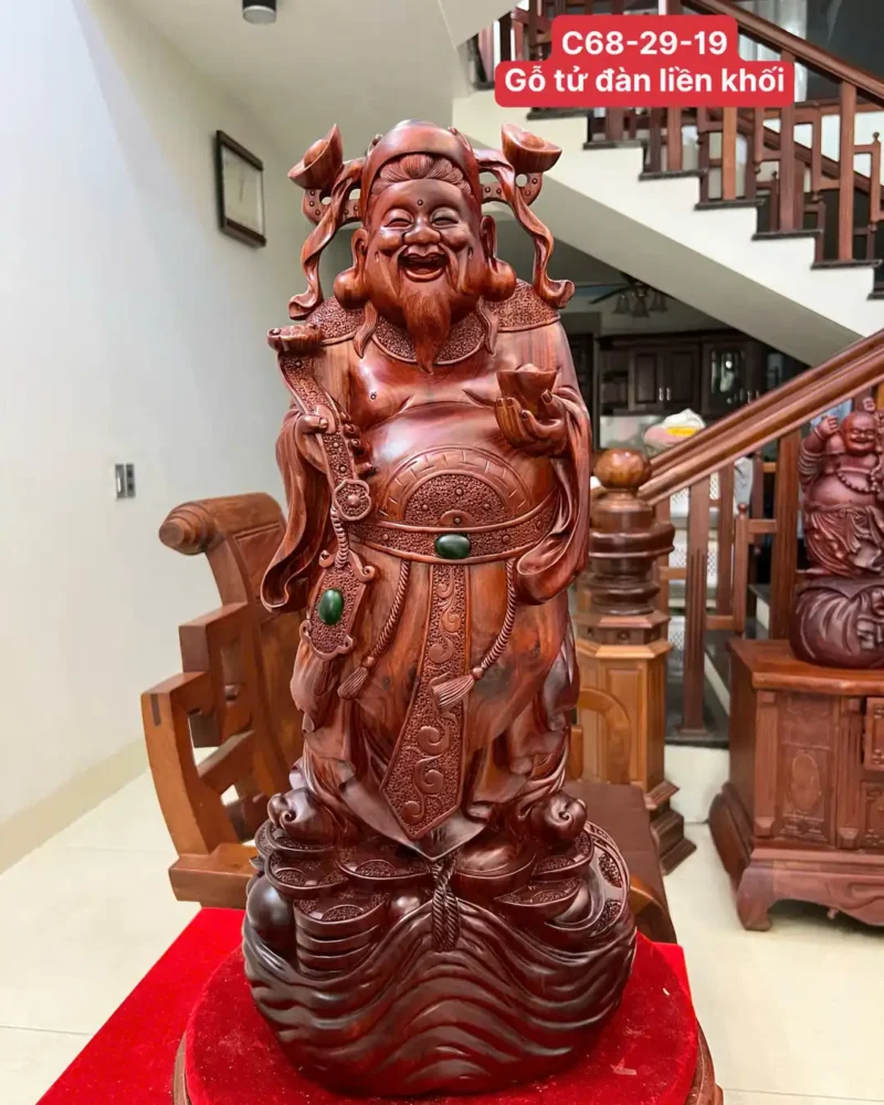 than-tai-go-G6338-1 Tượng Thần Tài Gỗ Tử Đàn Liền Khối To Đẹp G6338