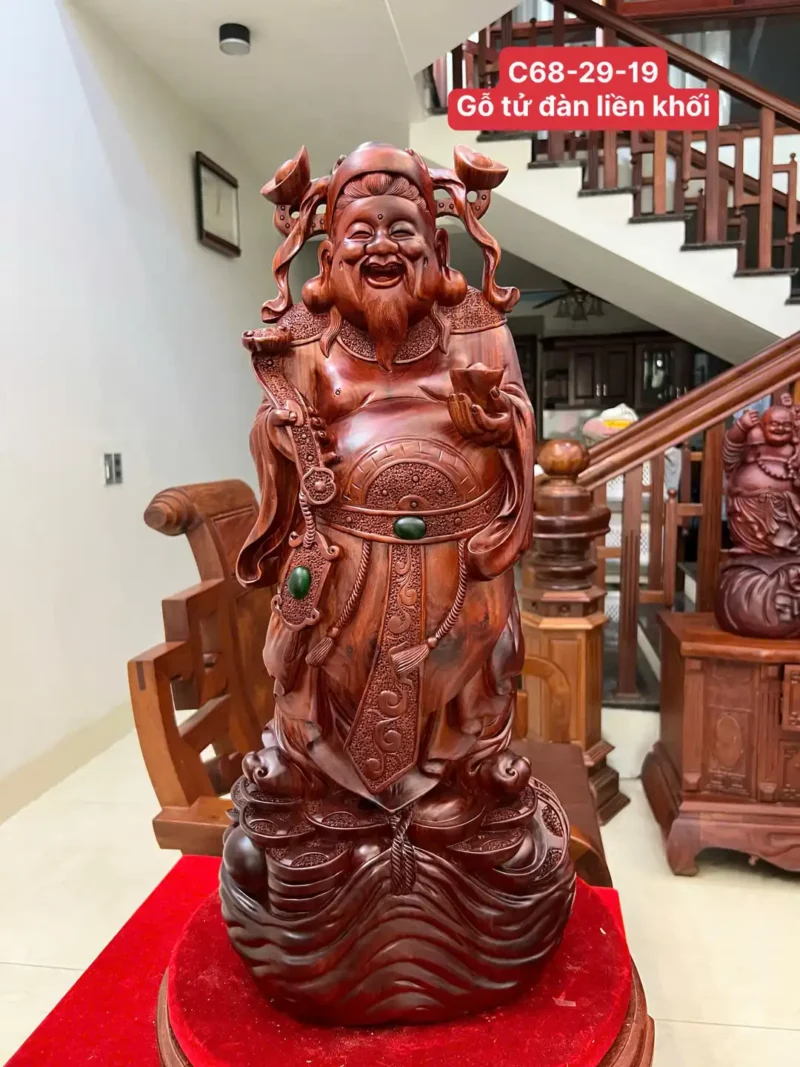 than-tai-go-G6338-1 Tượng Thần Tài Gỗ Tử Đàn Liền Khối To Đẹp G6338