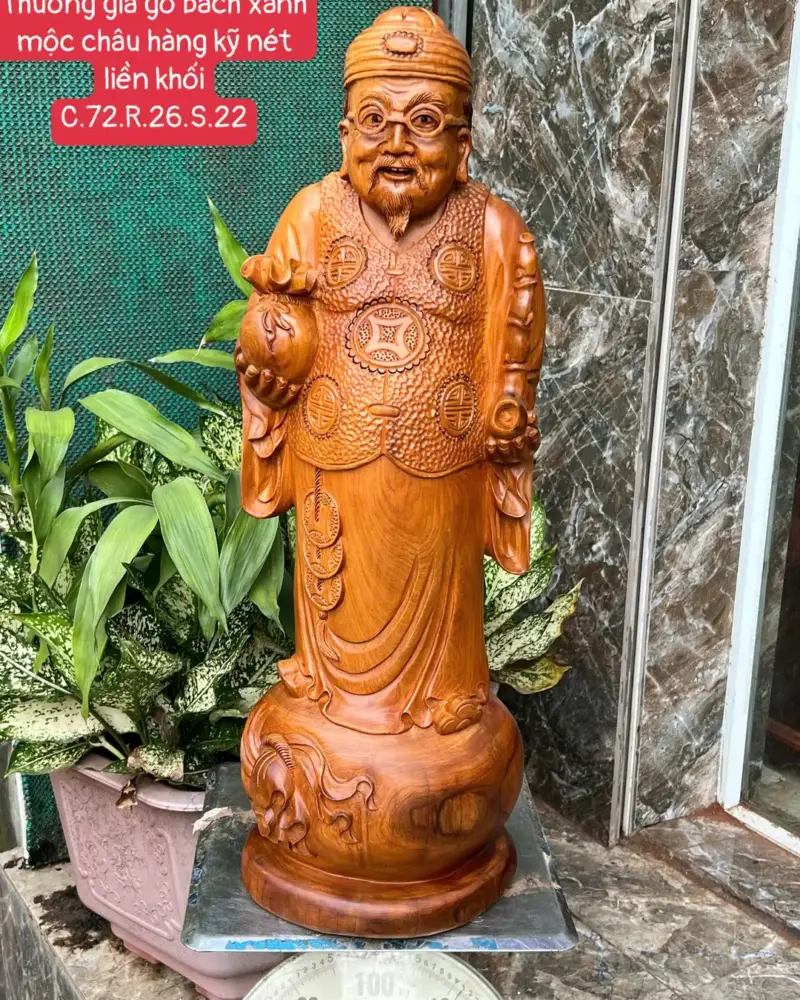thuong-gia-go-G5785-1 Tượng Thương Gia Gỗ Bách Xanh Hàng Kỹ Nét Liền Khối G5785