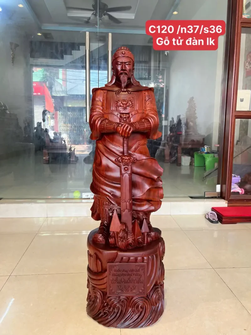 tran-quoc-tuan-G6361-1 Tượng Trần Quốc Tuấn Chống Kiếm Hàng To Nặng Gỗ Tử Đàn Liền Khối G6361