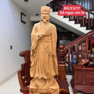 Tượng Khổng Minh Gỗ Ngọc Am Liền Khối Có Sơn Cao 80cm