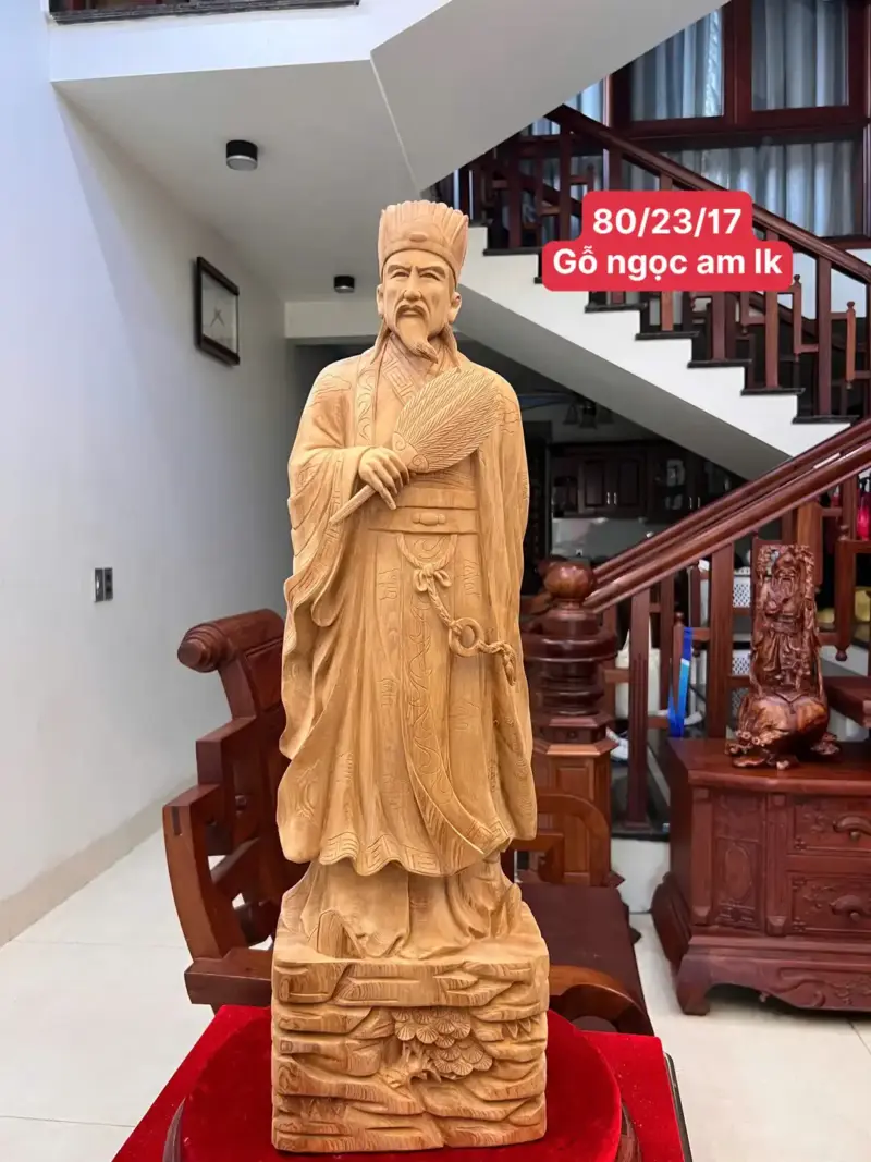 Tượng Khổng Minh Gỗ Ngọc Am Liền Khối Có Sơn Cao 80cm