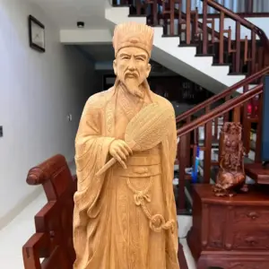 Tượng Khổng Minh Gỗ Ngọc Am Liền Khối Có Sơn Cao 80cm