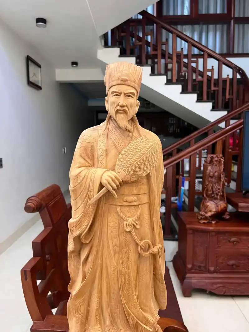 Tượng Khổng Minh Gỗ Ngọc Am Liền Khối Có Sơn Cao 80cm