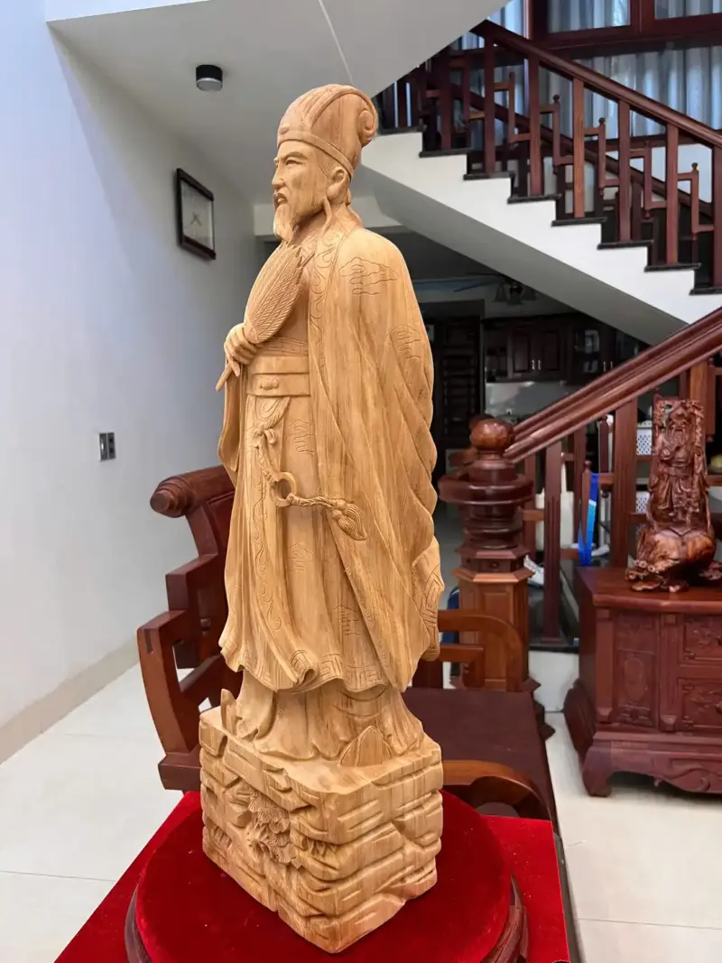 Tượng Khổng Minh Gỗ Ngọc Am Liền Khối Có Sơn Cao 80cm