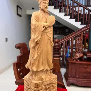 Tượng Khổng Minh Gỗ Ngọc Am Liền Khối Có Sơn Cao 80cm
