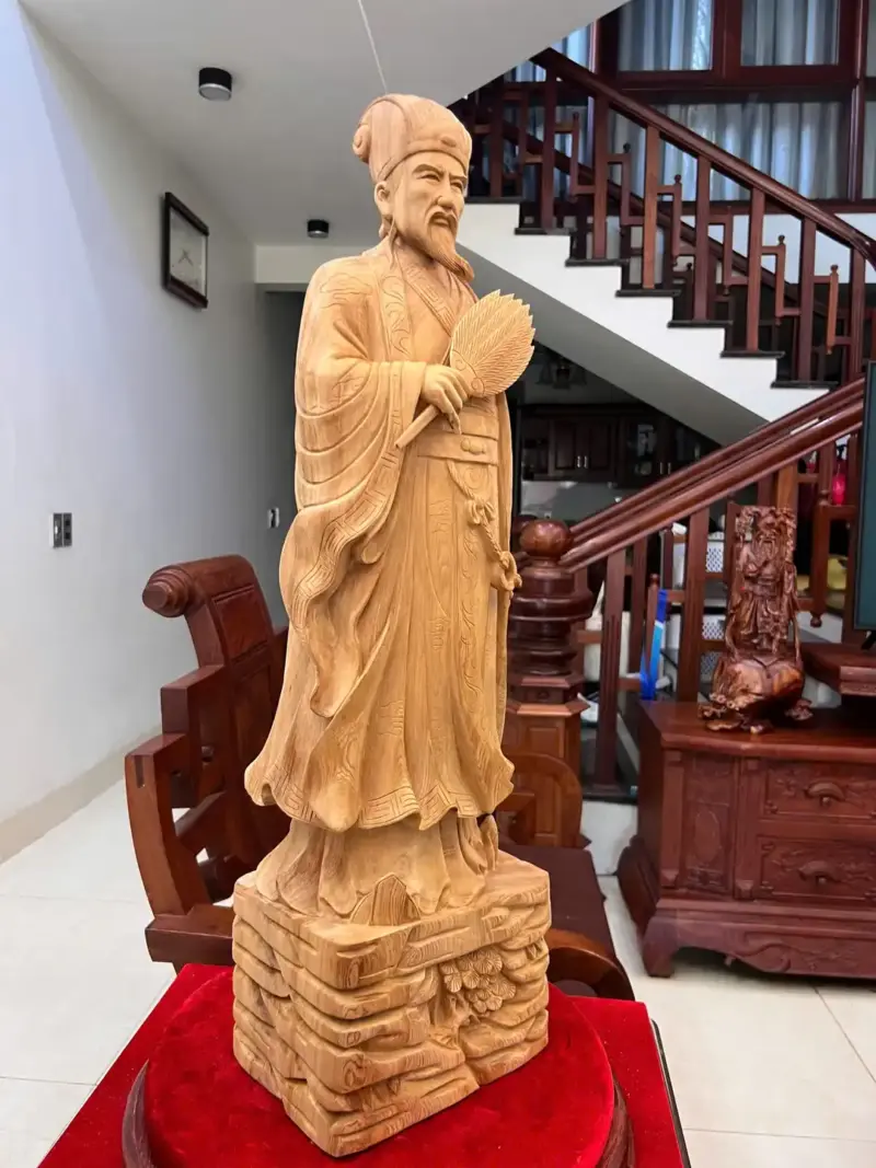 Tượng Khổng Minh Gỗ Ngọc Am Liền Khối Có Sơn Cao 80cm