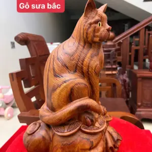 Tượng Mèo Ngồi Gỗ Sưa Bắc Liền Khối Cao 35cm