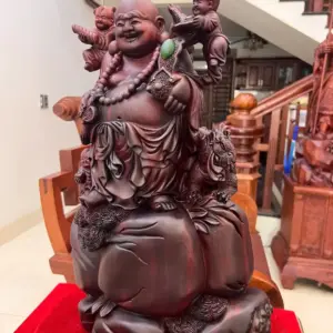 Tượng Di Lặc Tam Phúc Thuần Nghê Gỗ Tử Đàn Liền Khối Cao 50cm