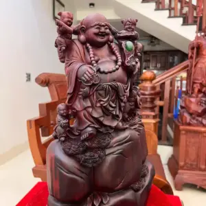 Tượng Di Lặc Tam Phúc Thuần Nghê Gỗ Tử Đàn Liền Khối Cao 50cm