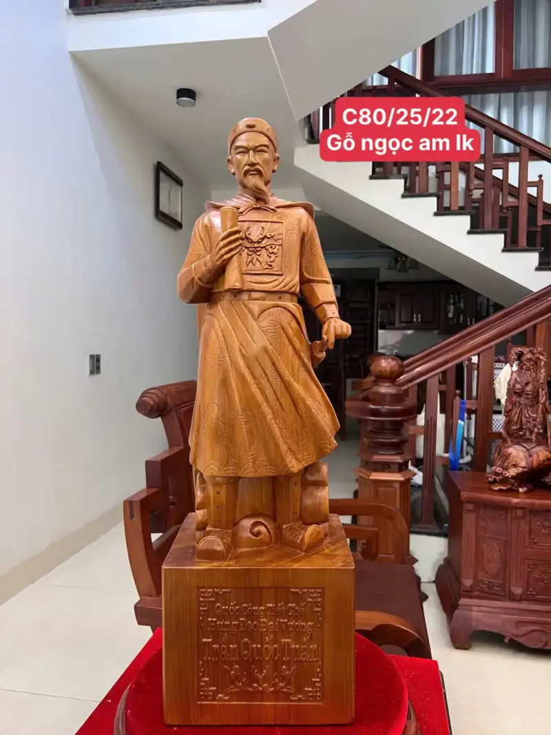 Tượng Trần Quốc Tuấn Gỗ Ngọc Am Liền Khối Cao 80cm