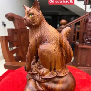 Tượng Mèo Ngồi Bao Tiền Gỗ Sưa Bắc Liền Khối Cao 28cm