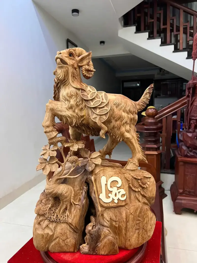 Tượng Nhất Dê Gỗ Ngọc Am To Đẹp Đậm Dầu Cao 71cm
