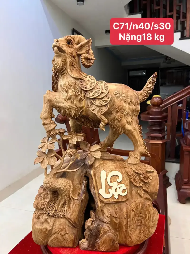 Tượng Nhất Dê Gỗ Ngọc Am To Đẹp Đậm Dầu Cao 71cm