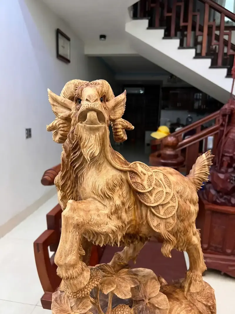 Tượng Nhất Dê Gỗ Ngọc Am To Đẹp Đậm Dầu Cao 71cm