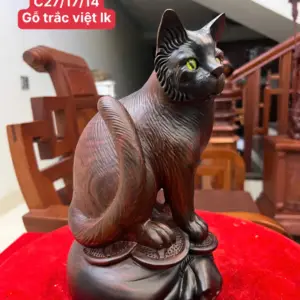 Tượng Mèo Gỗ Trắc Việt Liền Khối Cao 27cm