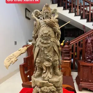 Tượng Quan Công Gỗ Trắc Xanh Liền Khối Hàng Đục Kỹ Có Sơn Cao 70cm