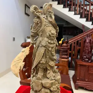 Tượng Quan Công Gỗ Trắc Xanh Liền Khối Hàng Đục Kỹ Có Sơn Cao 70cm
