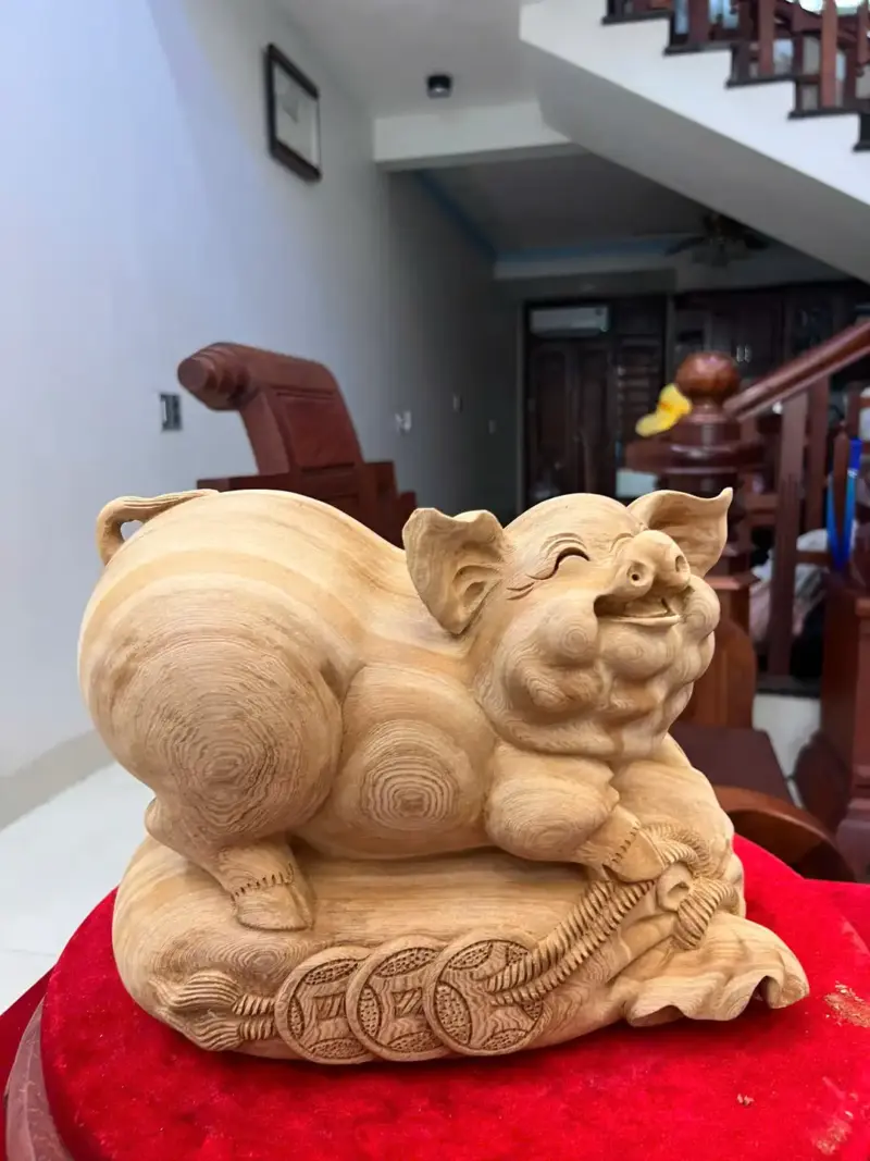 Tượng Heo Gỗ Ngọc Am Liền Khối Mộc Đẹp Cao 22cm