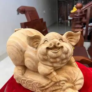 Tượng Heo Gỗ Ngọc Am Liền Khối Mộc Đẹp Cao 22cm